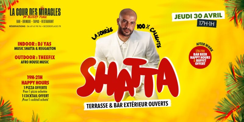 Promotional poster for Shota on April 30, 17:00–01:00, featuring a man in a white suit on a bright yellow background with bold red lettering.