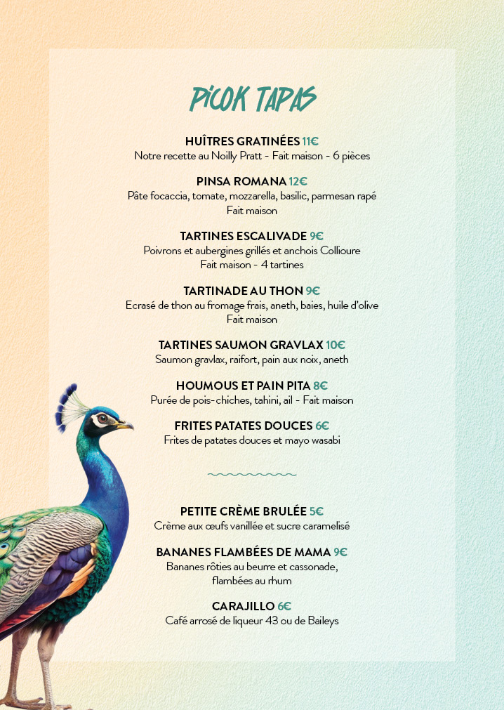 Menu showing 'PIOK TAPAS' with tapas and euro prices; gradient background and a decorative peacock on the left.