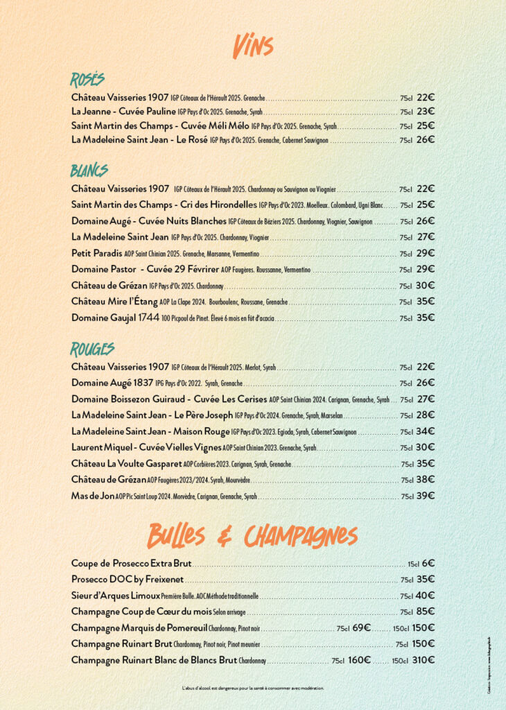 Wine menu titled VINS with sections Rosés, Blancs, Rouges, Bulles & Champagnes listing various wines and prices.