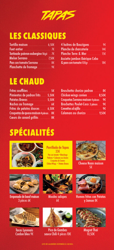 Menu tapas sur fond rouge affichant les sections Les Classiques, Le Chaud et Spécialités avec prix et logo Tapas en haut.