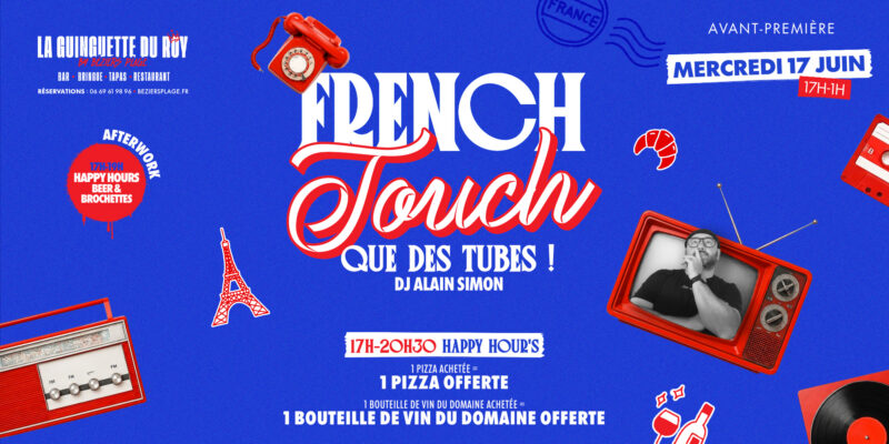 Poster advertising the French Touch event on Wednesday, June 17, 17:00–19:00, with retro red electronics visuals on a blue background.