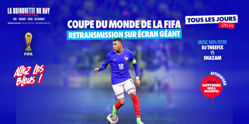 Bright blue poster advertising FIFA World Cup live screening on a giant screen, featuring a French soccer player in a blue kit