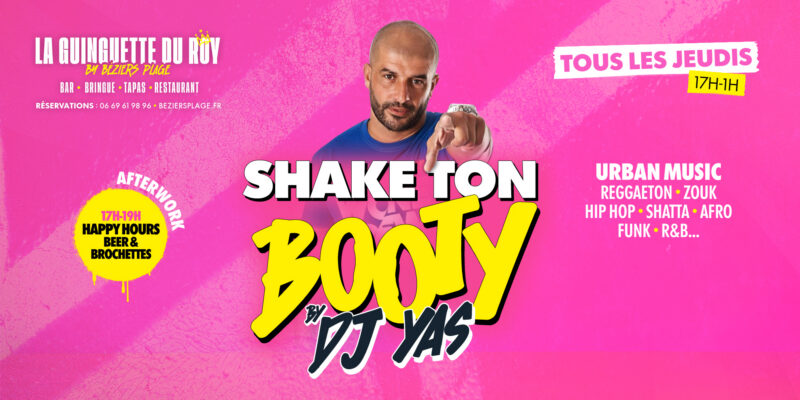 Vibrant pink promotional poster for an urban music event featuring a man pointing, with bold white and yellow text announcing 'Shake Ton' and 'Booty' and notes about weekly Thursdays.