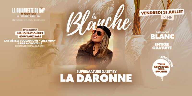 BLANCHE_COUV Promotional summer event banner featuring a smiling woman in sunglasses against a tropical background with bold white text and date details (French event poster).