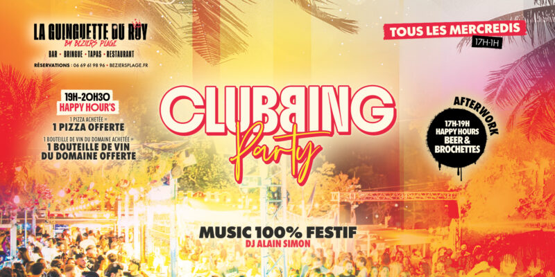CLUBBING-PARTY_COUV Vibrant clubbing party poster with a tropical sunset background and a large 'Clubbing Party' title, advertising happy hour and a beer offer.