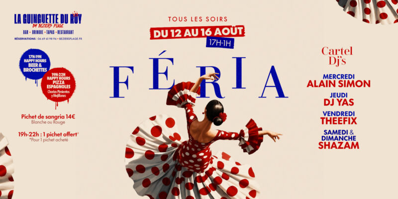 FERIA_COUV Poster for La Guinguette du Roy featuring a female dancer in a red-and-white polka-dot dress against a pale background, with blue and red event text and schedule details (Aug 12–16, 17h–1h).