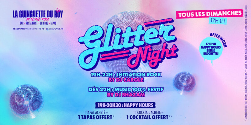 GLITTER_NIGHT_COUV Bright gradient poster advertising 'Glitter Night' with disco balls and bold blue-pink text, listing times, DJs, and drinks offer for a weekly event.