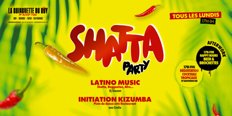 SHATTA_COUV Bright yellow poster advertising a Latin music event called 'Shatta Party' with bold red script and chili peppers.