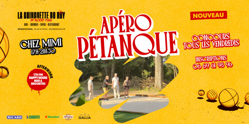 TERRAIN_DE_PETANQUE_COUV Bright yellow event poster for 'Apéro Pétanque' with a large red outline title and a photo of people outdoors playing pétanque.