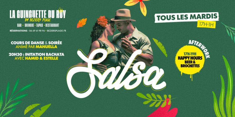 salsa_Couv Green promotional poster featuring a dancing couple at the center with bold white script and event details for La Guinguette du Roy.