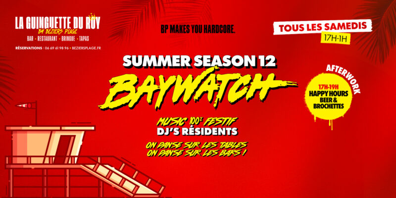 Promotional poster in red for La Guinguette du Roi with 'Summer Season 12' and 'Baywatch' in bold white and yellow text, left lifeguard tower illustration, palm motifs.
